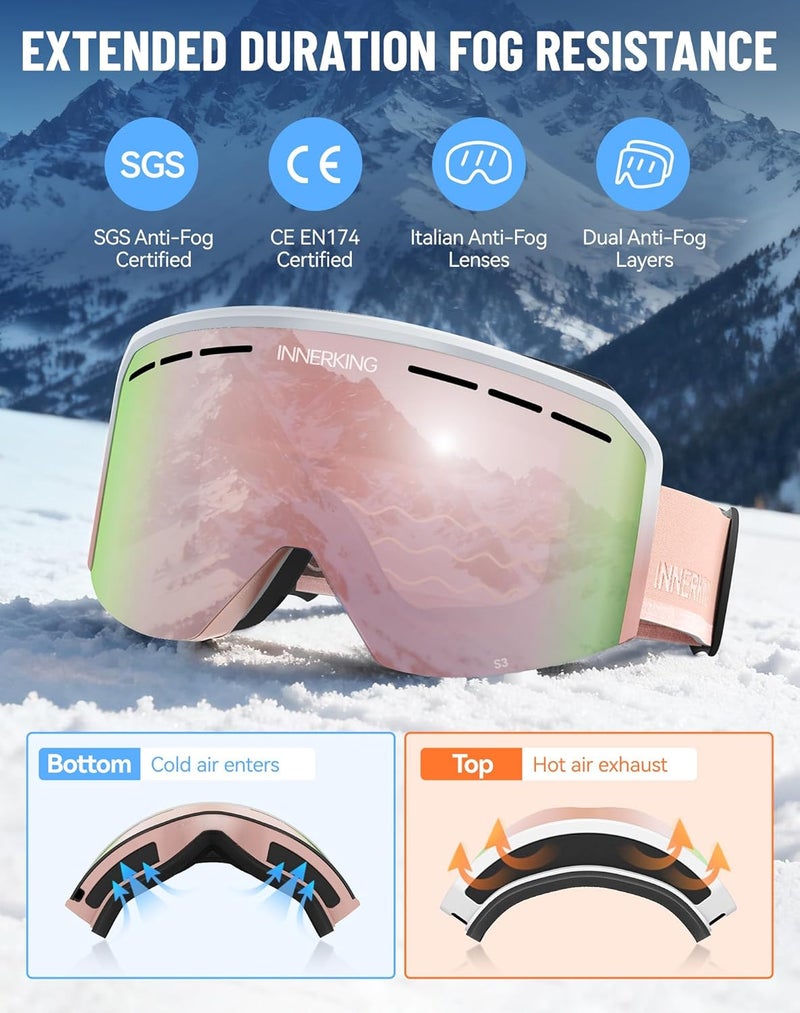 Innerking Ski/Snowboard Goggles OTG for Men Women & Youth - Over Glasses Snow Sports Goggles Anti Fog 100% UV400 Protection - Image 2